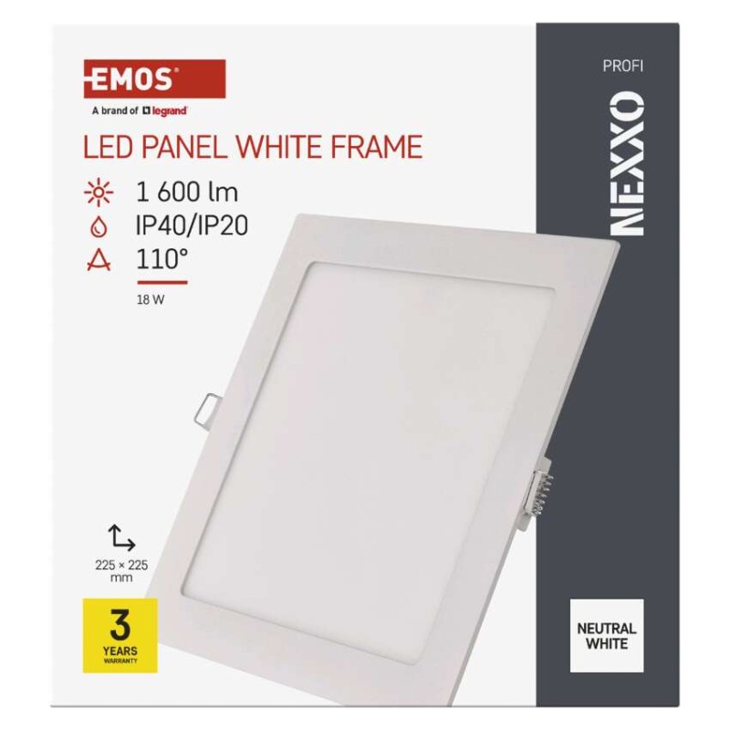 Panel LED wpuszczany NEXXO, kwadrat, biały, 18W, neutralna biel