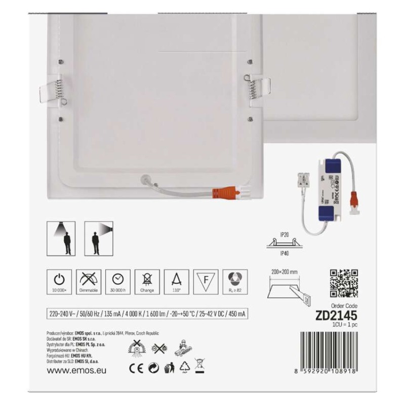 Panel LED wpuszczany NEXXO, kwadrat, biały, 18W, neutralna biel