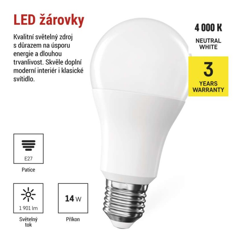 LED žárovka Classic A60 / E27 / 14 W (120 W) / 1901 lm / neutrální bílá