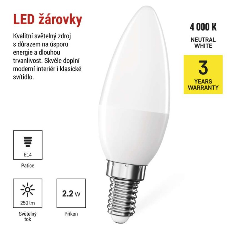 LED žárovka Classic svíčka / E14 / 2,2 W (25 W) / 250 lm / neutrální bílá