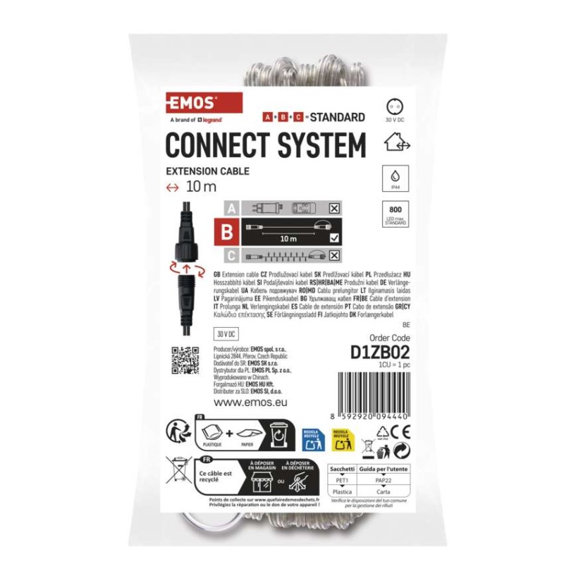 Predlžovací kábel pre spojovacie reťaze Standard transparent., 10 m, vonkajší aj vnútorný