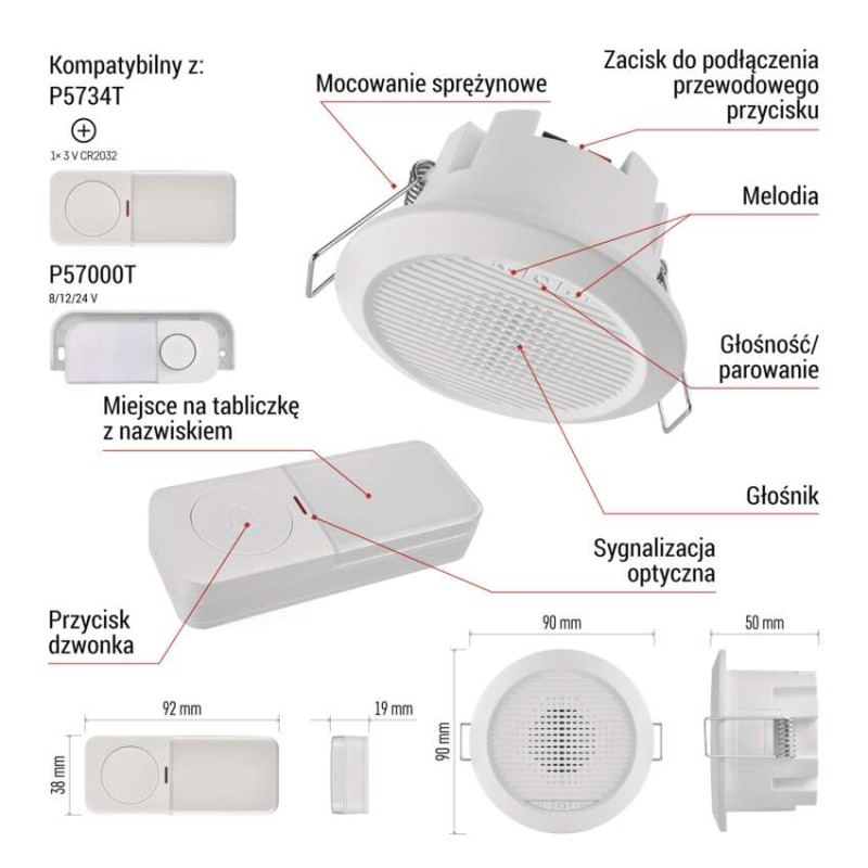 Dzwonek przewodowy/bezprzewodowy P57103, wbudowany