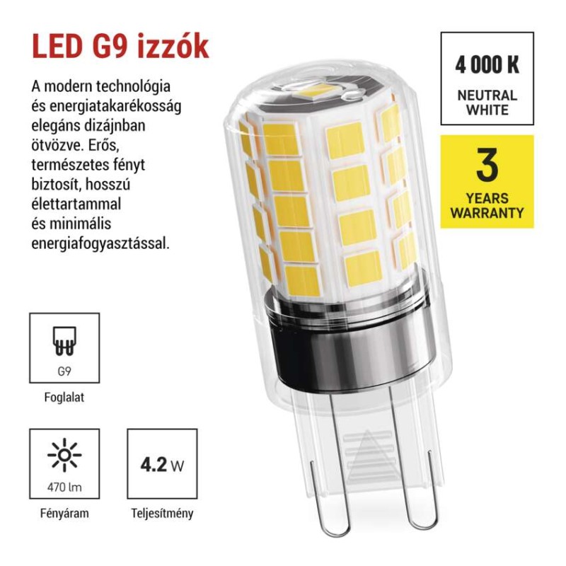LED izzó Classic JC / G9 / 4,2 W (40 W) / 470 lm / Természetes fehér / 2 pcs
