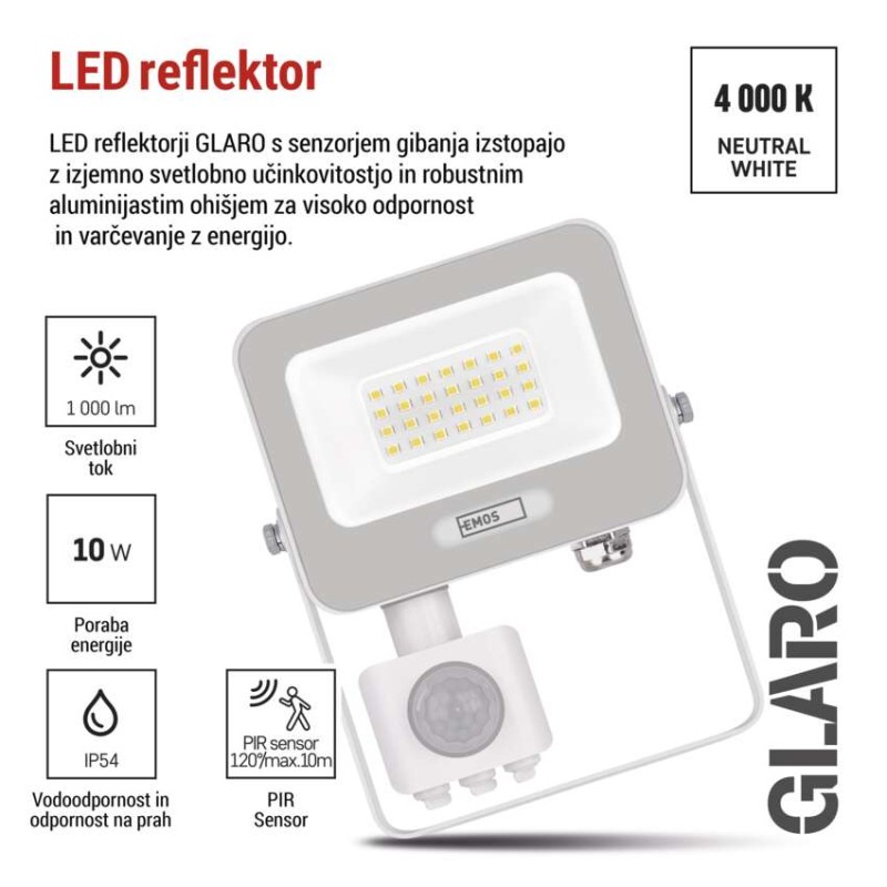 LED reflektor GLARO PIR 20 W, bel, IP54, 2000 lm, nevtralna bela