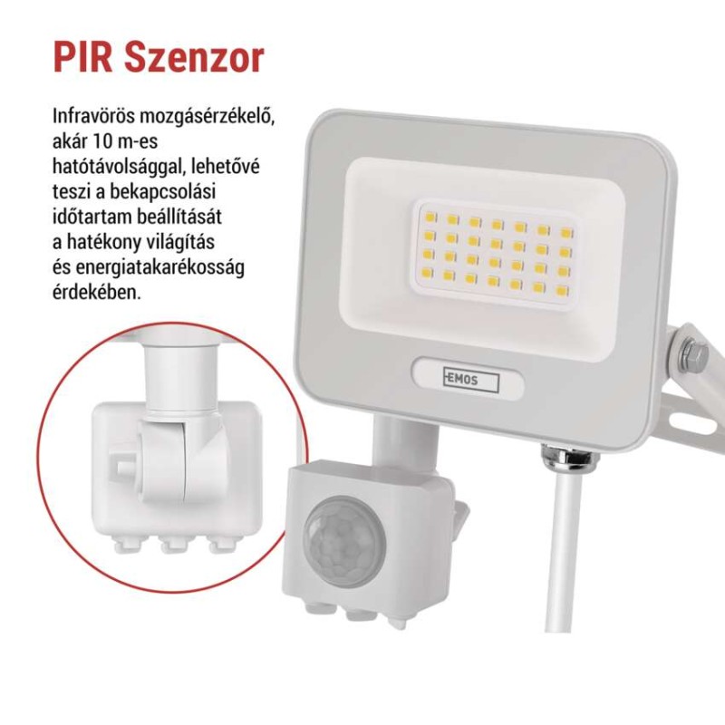 LED reflektor GLARO PIR 20 W, fehér, IP54, 2000 lm, természetes fehér