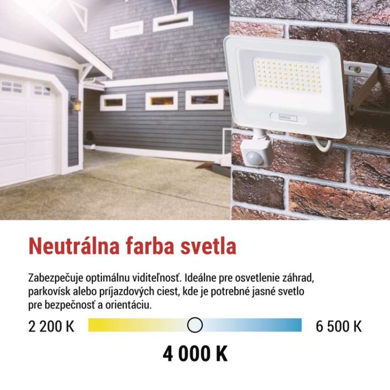 LED reflektor GLARO s pohybovým čidlom, 20 W, biely, IP54, 2000 lm, neutrálna biela