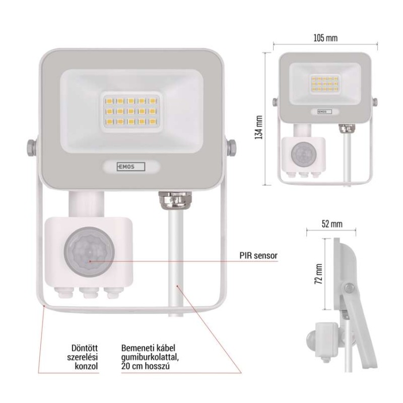 LED reflektor GLARO PIR 20 W, fehér, IP54, 2000 lm, természetes fehér