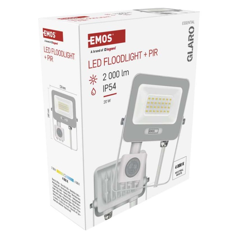 LED reflektor GLARO s pohybovým čidlom, 20 W, biely, IP54, 2000 lm, neutrálna biela
