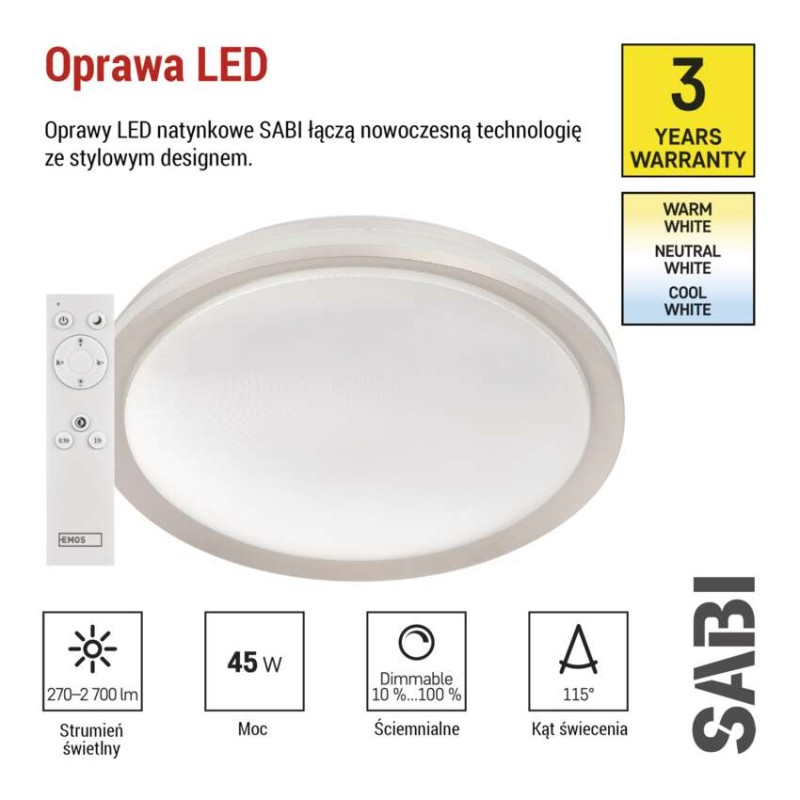 Oprawa LED SABI 45W regulowana CCT, ściemnialna, z pilotem