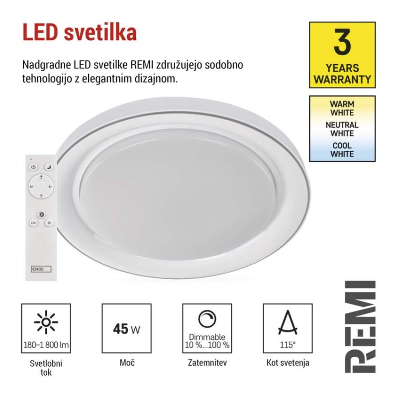 LED stropno svetilo REMI, okroglo, 45W, zatemnilno, nastavljiva CCT