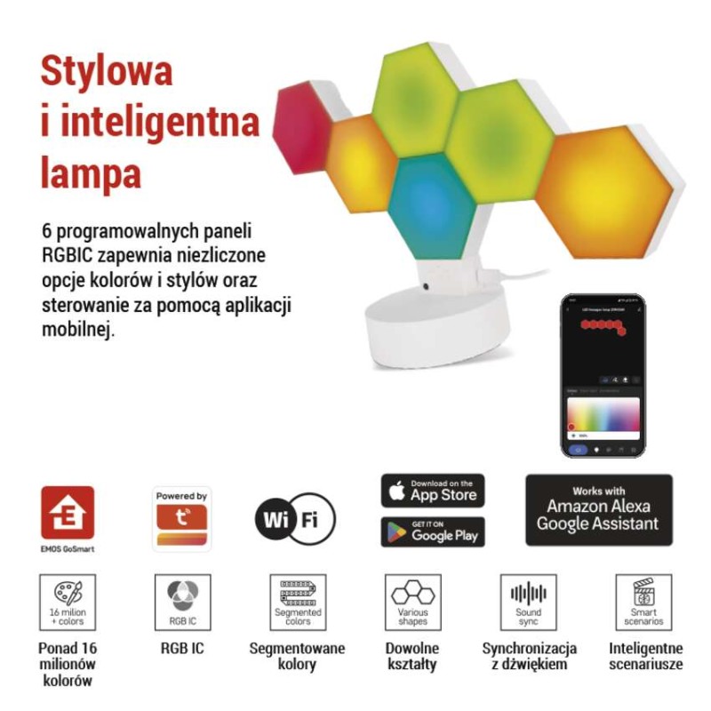 GoSmart Lampa stołowa LED RGB IC Hexagon biała, 6 części, ściemnialna, WiFi