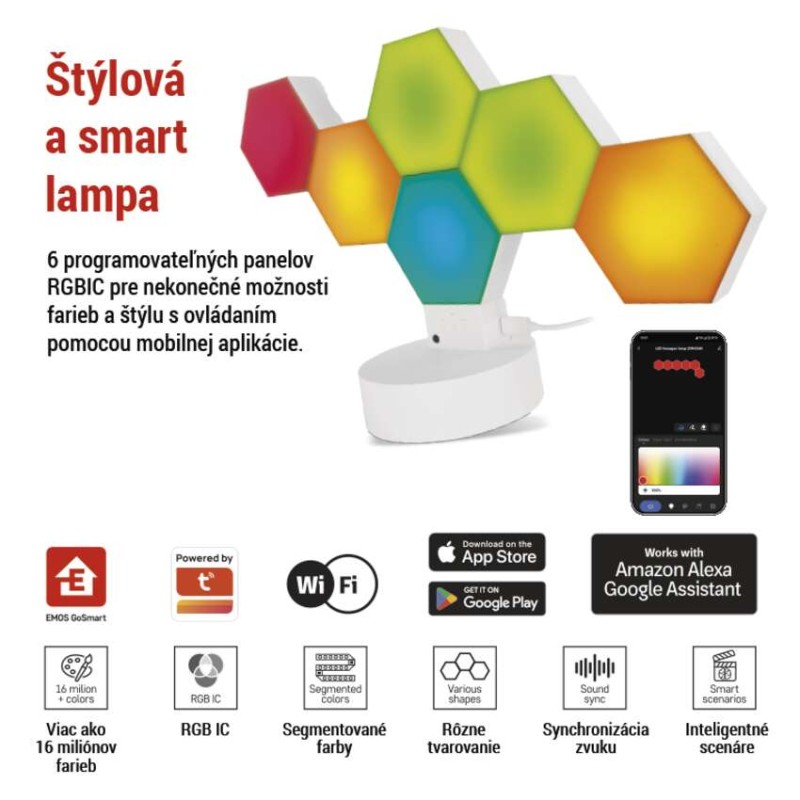 GoSmart LED stolná lampa Hexagon biela, 6 častí, RGBIC stmievateľná, WiFi