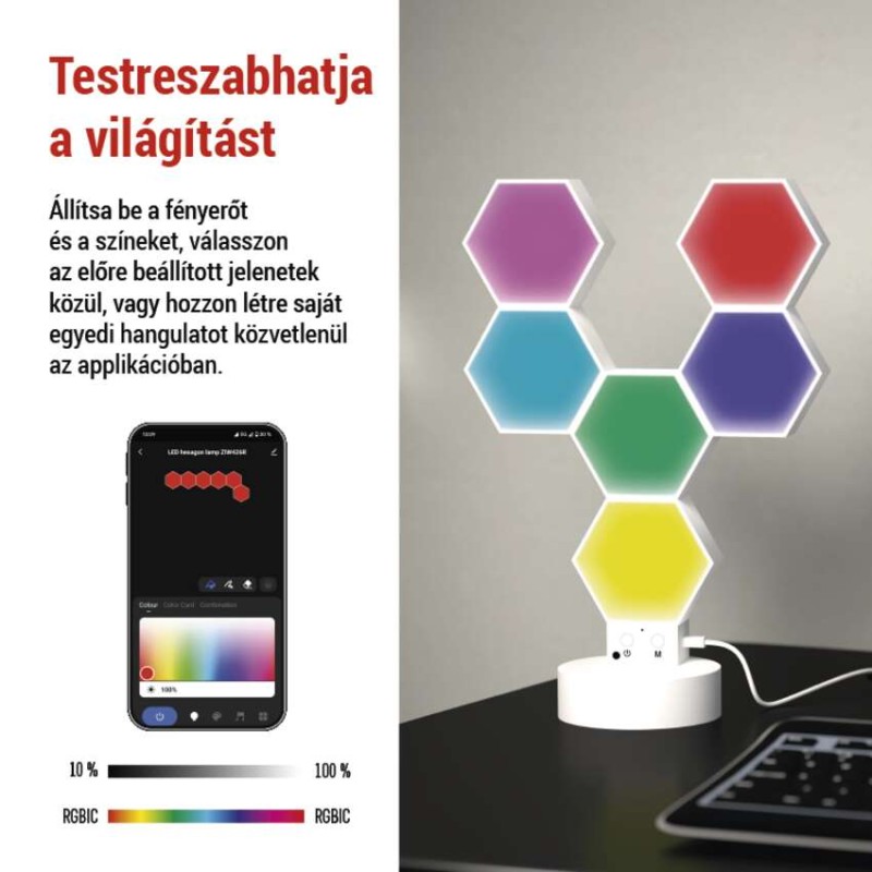 GoSmart LED asztali lámpa Hexagon fehér, 6 részből álló, RGBIC dimmelhető, WiFi