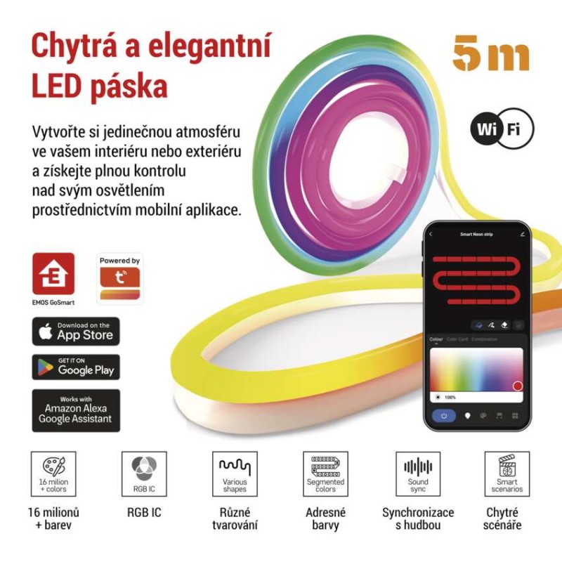 GoSmart ohebný LED pásek NEON bílý, 5 m, 33 W, RGBIC stmívatelný, WiFi