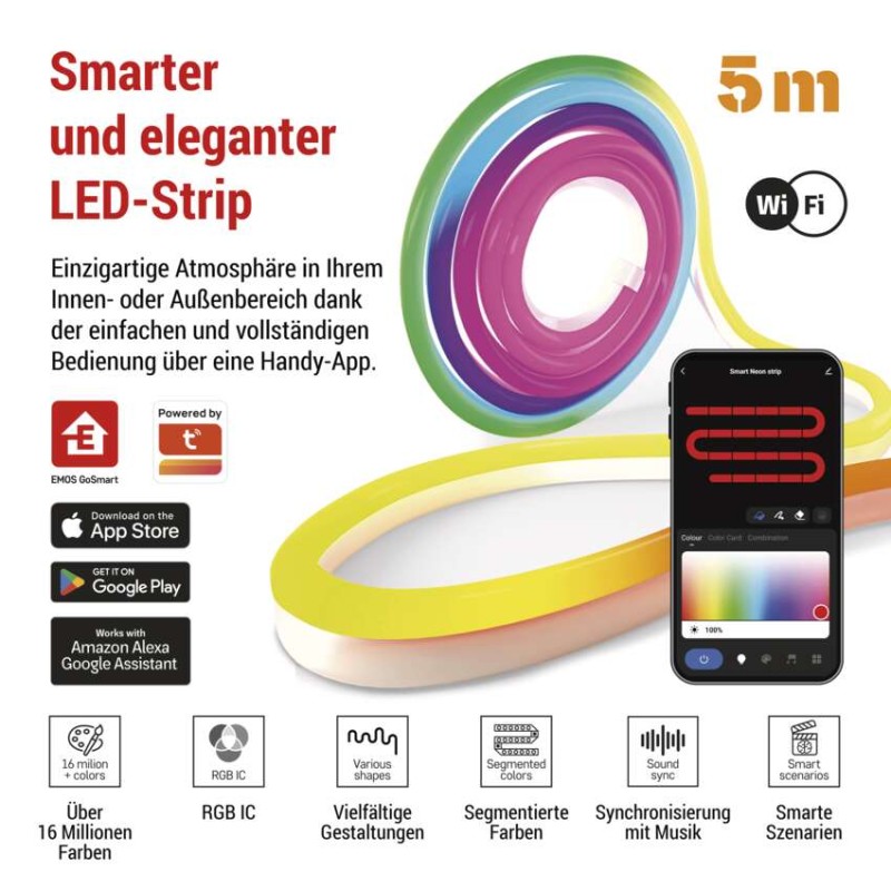 GoSmart Flexible LED-Leiste NEON weiß, 5 m, 33 W, RGBIC dimmbar, WiFi