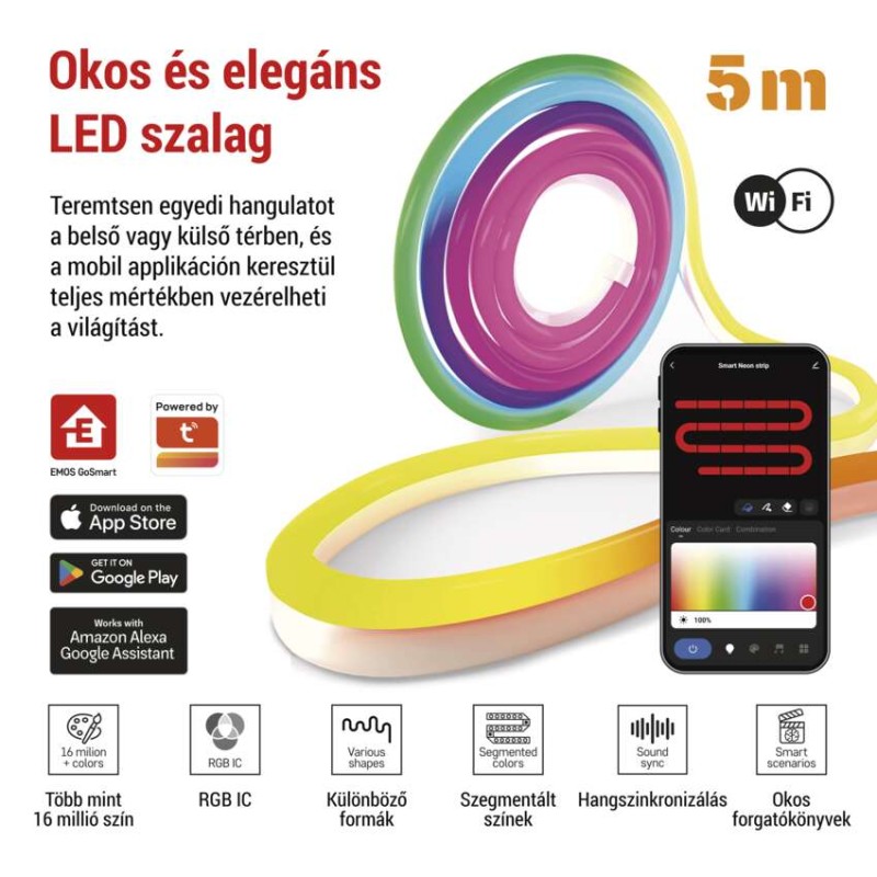 GoSmart Rugalmas LED szalag NEON fehér, 5 m, 33 W, RGBIC dimmelhető, WiFi