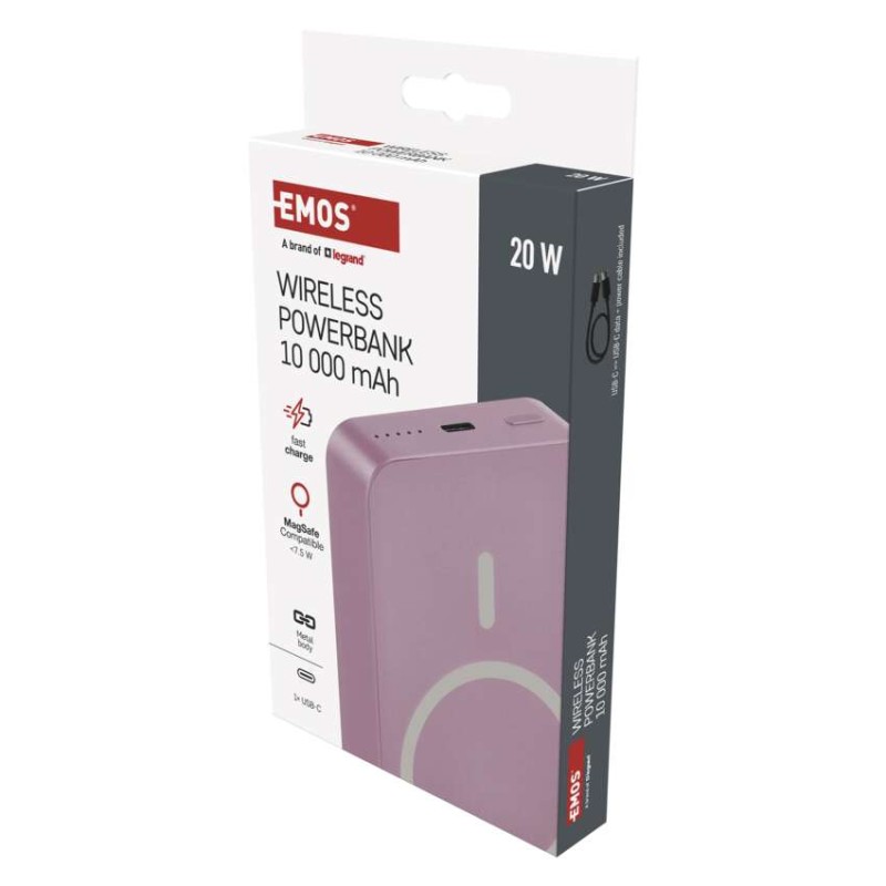 Powerbanka EMOS WI 1046, 10 000 mAh, 20 W+Wireless, lososová