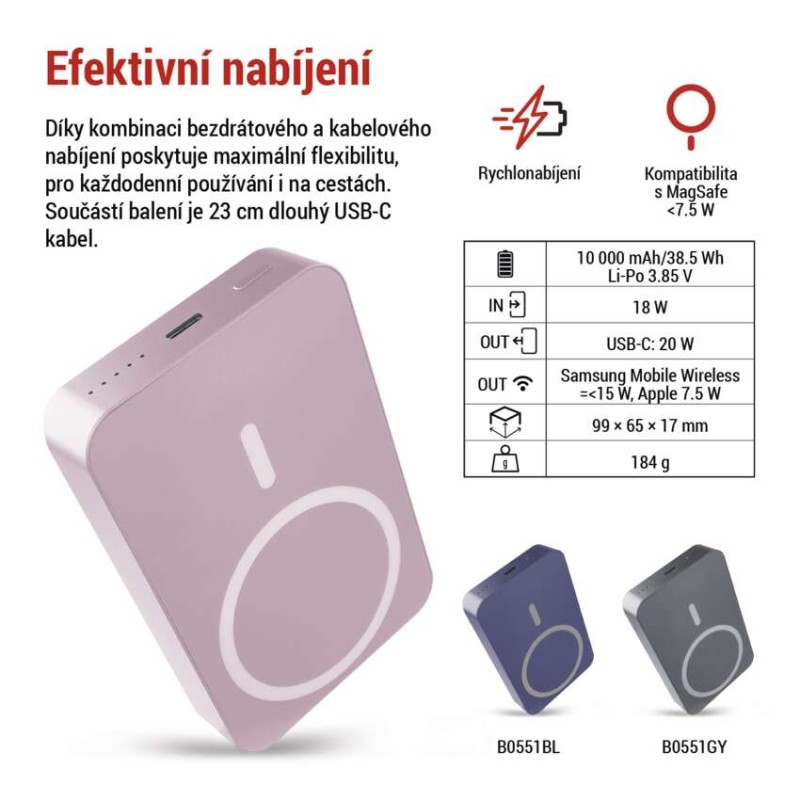 Powerbanka EMOS WI 1046, 10 000 mAh, 20 W+Wireless, lososová