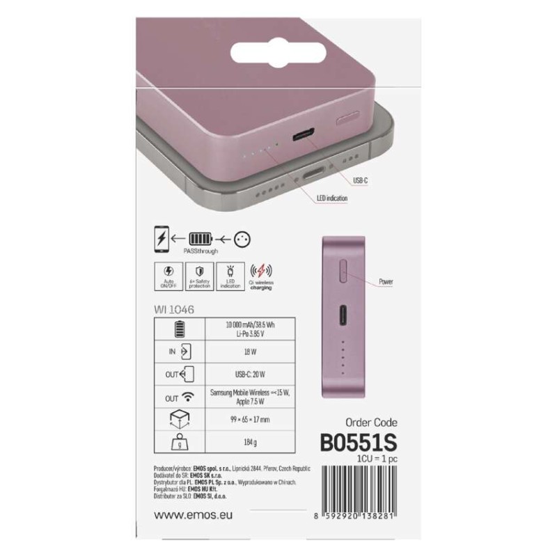 Powerbanka EMOS WI 1046, 10 000 mAh, 20 W+Wireless, lososová