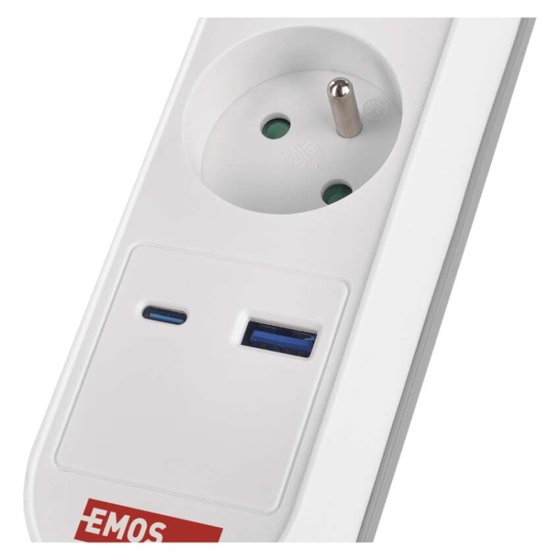 Prodlužovací kabel 2 m / 3 zásuvky / s vypínačem / bílo-šedý / 1×USB-A + 1×USB-C / 1,5 mm2