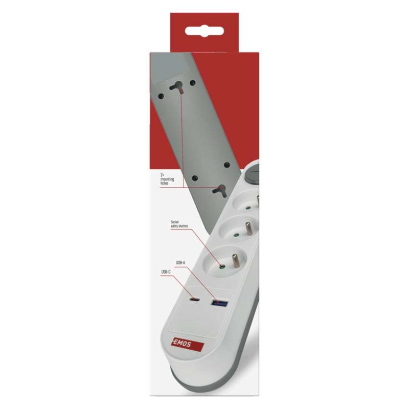 Prodlužovací kabel 2 m / 3 zásuvky / s vypínačem / bílo-šedý / 1×USB-A + 1×USB-C / 1,5 mm2