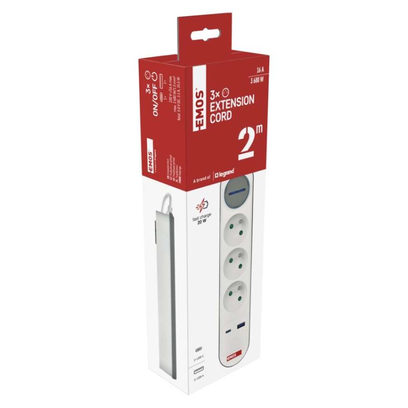 Prodlužovací kabel 2 m / 3 zásuvky / s vypínačem / bílo-šedý / 1×USB-A + 1×USB-C / 1,5 mm2