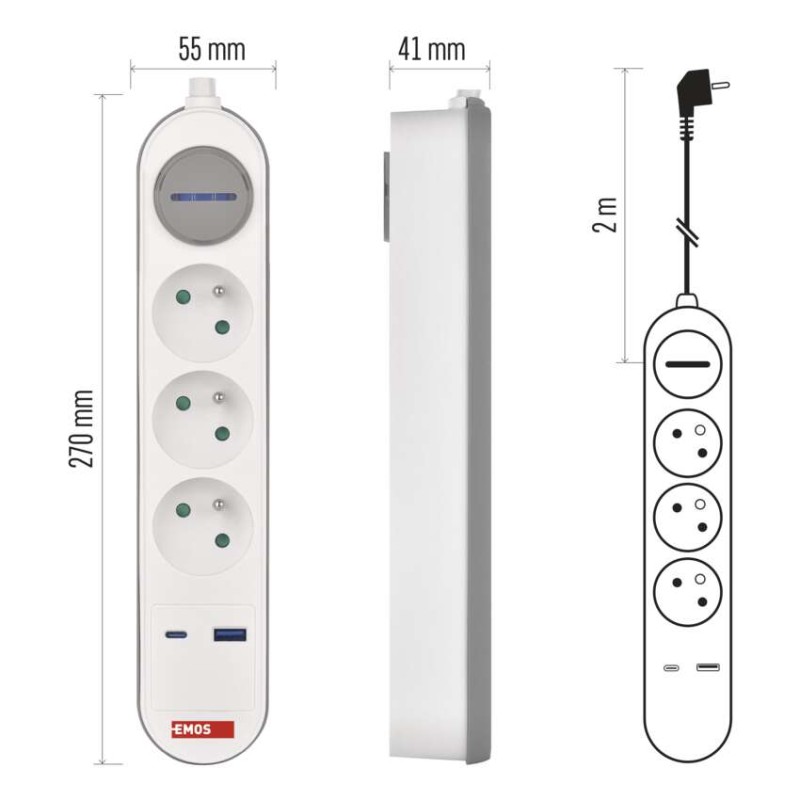 Prodlužovací kabel 2 m / 3 zásuvky / s vypínačem / bílo-šedý / 1×USB-A + 1×USB-C / 1,5 mm2