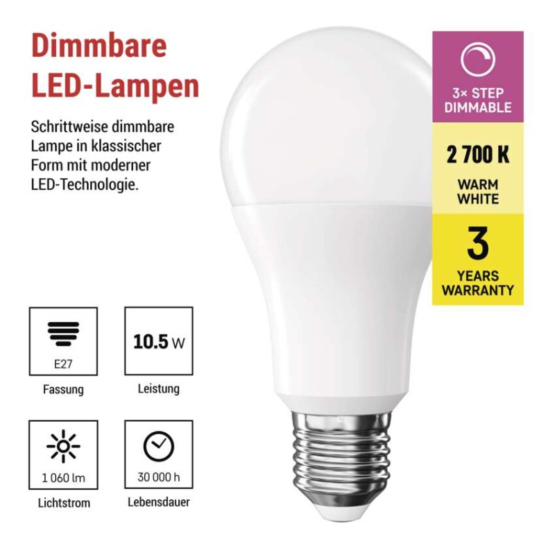 LED Lampe Classic A60 / E27 / 10,5 W (75 W) / 1 060 lm / Warmweiß / Stufendimmung