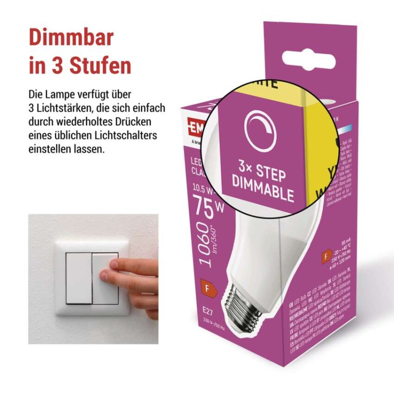 LED Lampe Classic A60 / E27 / 10,5 W (75 W) / 1 060 lm / Warmweiß / Stufendimmung