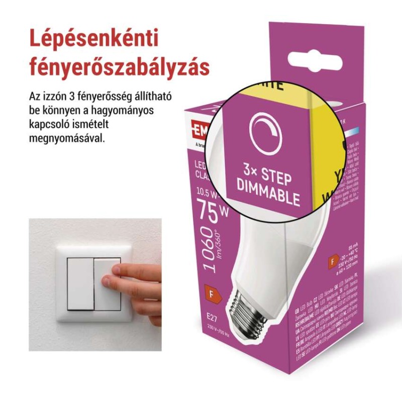 LED izzó Classic A60 / E27 / 10,5 W (75 W) / 1 060 lm / meleg fehér /fokozatos fényerősz.