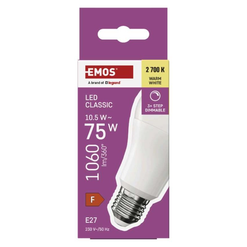 LED žárovka Classic A60 / E27 / 10,5 W (75 W) / 1 060 lm / teplá bílá /krokově stmívatelná
