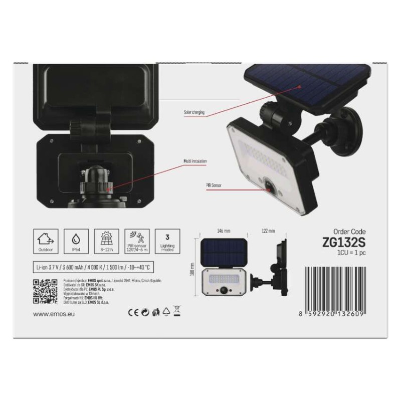 Solární LED reflektor SPILO s pohybovým čidlem, černý, neutrální bílá