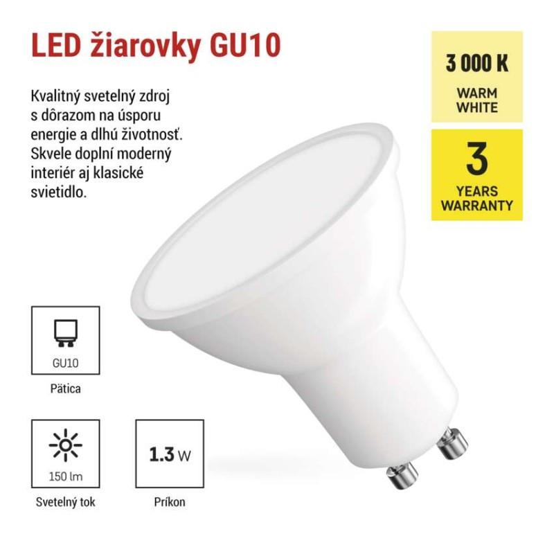 LED žiarovka Classic MR16 biela/ GU10 / 1,3 W (16 W) / 150 lm / Teplá biela