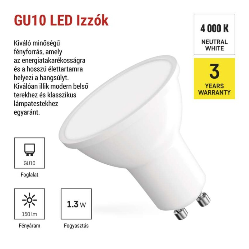 LED izzó Classic MR16 fehér/ GU10 / 1,3 W (16 W) / 150 lm / Természetes fehér