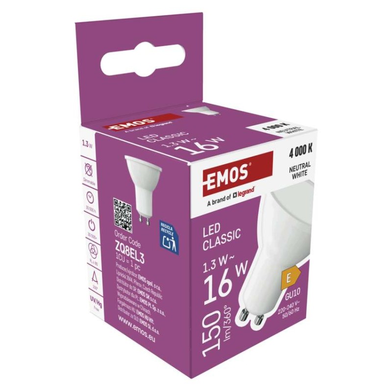 LED spuldze Classic MR16 balts/ GU10 / 1,3 W (16 W) / 150 lm / Neitrāli balta