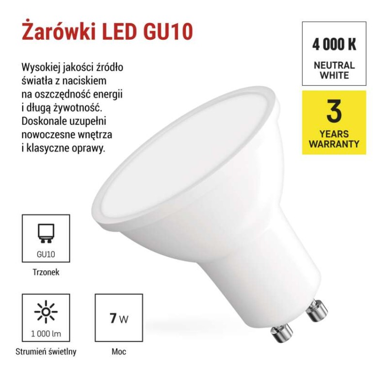 Żarówka LED Classic MR16 / GU10 / 7 W (72 W) / 1000 lm / neutralna biel