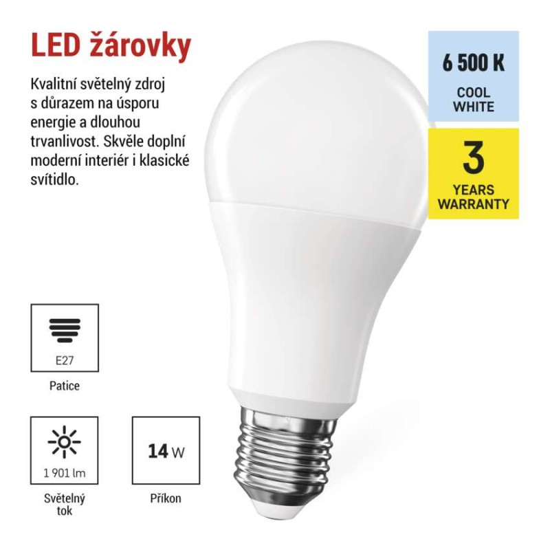 LED žárovka Classic A60 / E27 / 14 W (120 W) / 1901 lm / studená bílá