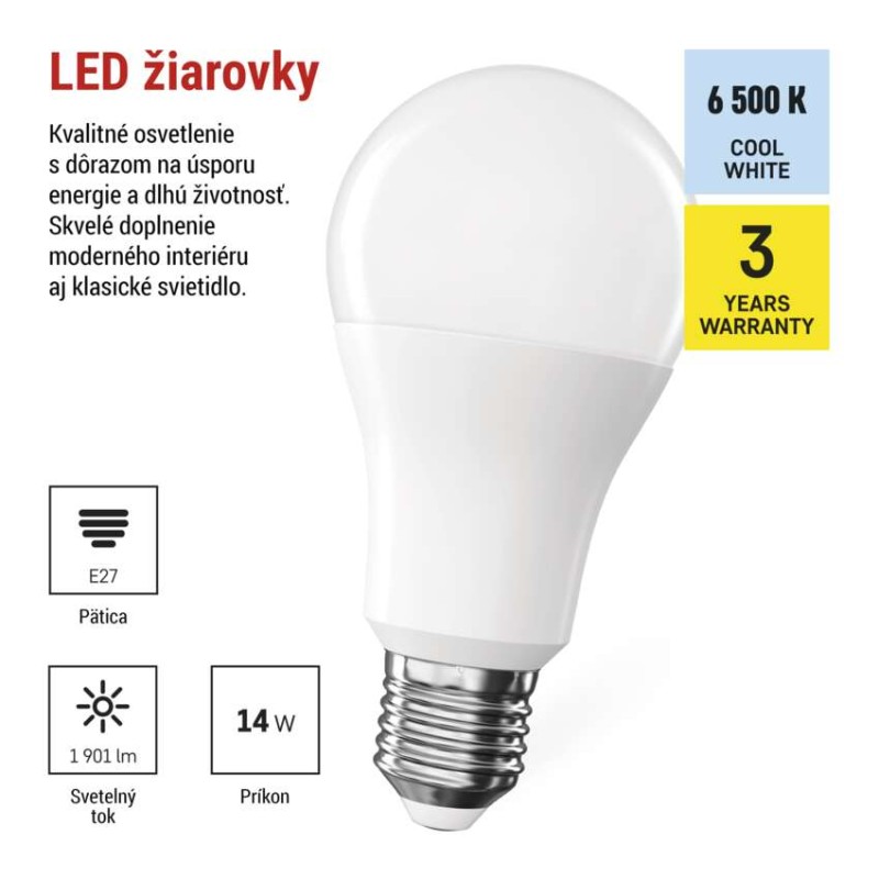 LED žiarovka Classic A60 / E27 / 14 W (120 W) / 1901 lm / Studená biela