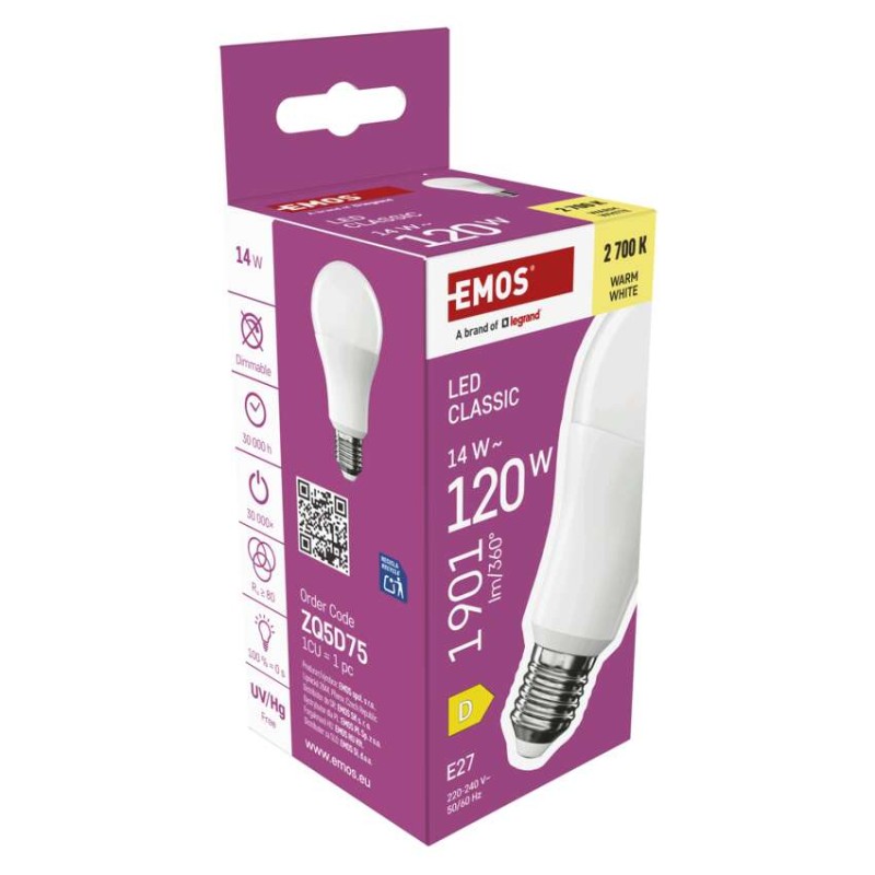 LED spuldze Classic A60 / E27 / 14 W (120 W) / 1901 lm / Silti balta