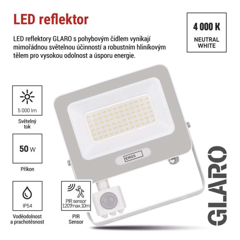 LED reflektor GLARO s pohybovým čidlem, 50 W, bílý, IP54, 5000 lm, neutrální bílá