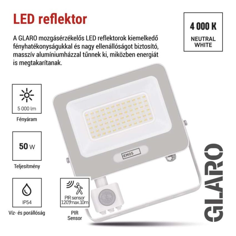 LED reflektor GLARO PIR 50 W, fehér, IP54, 5000 lm, természetes fehér