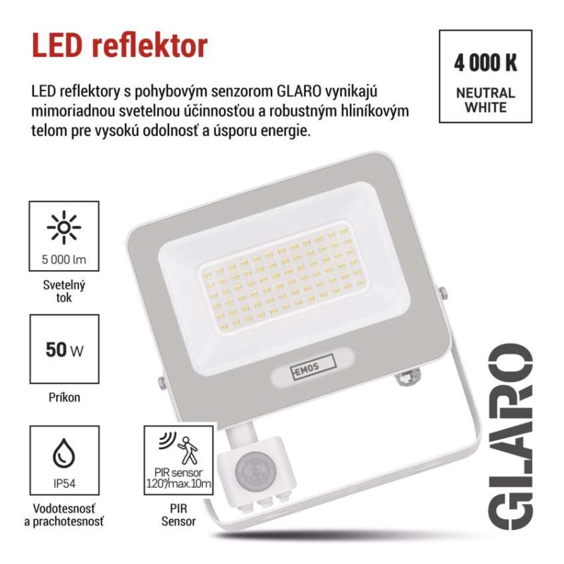 LED reflektor GLARO s pohybovým čidlom, 50 W, biely, IP54, 5000 lm, neutrálna biela