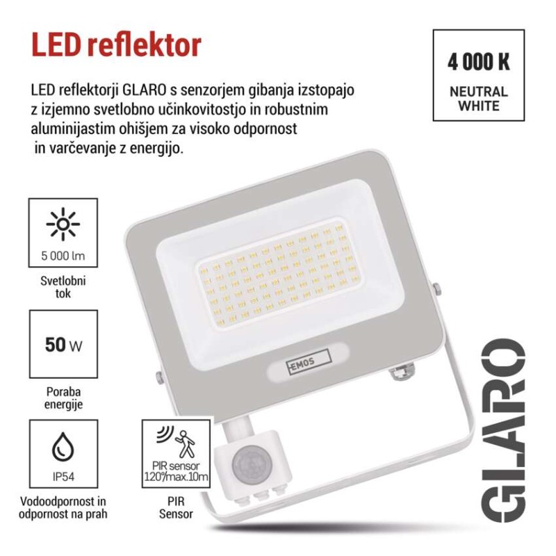 LED reflektor GLARO PIR 50 W, bel, IP54, 5000 lm, nevtralna bela