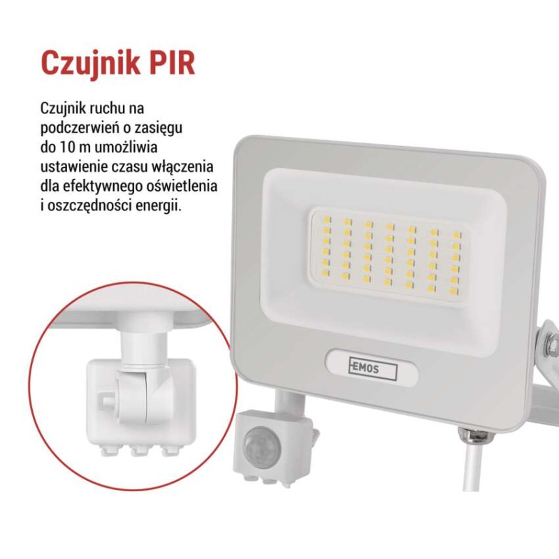 Naświetlacz LED GLARO PIR 50 W, biały, IP54, 5000 lm, neutralna biel