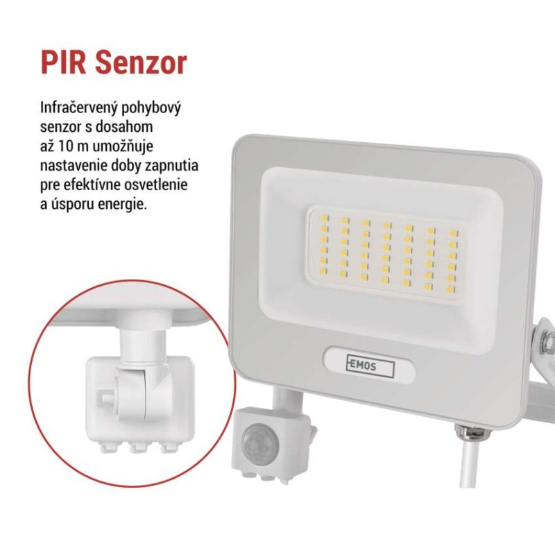 LED reflektor GLARO s pohybovým čidlom, 50 W, biely, IP54, 5000 lm, neutrálna biela