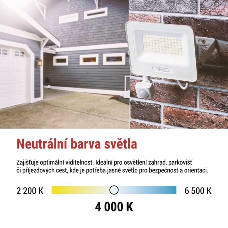 LED reflektor GLARO s pohybovým čidlem, 50 W, bílý, IP54, 5000 lm, neutrální bílá