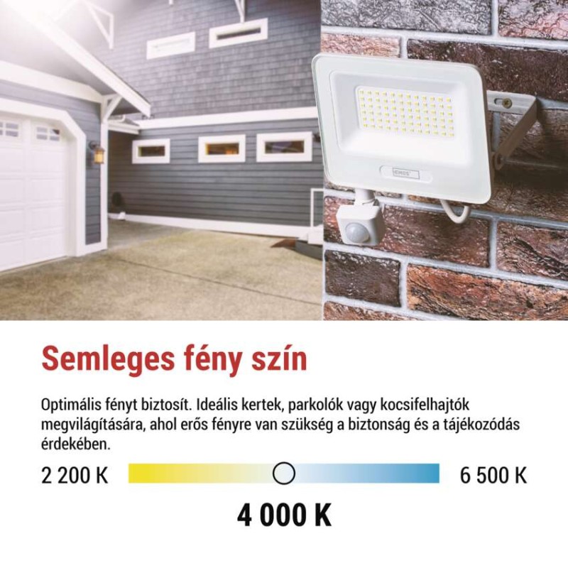 LED reflektor GLARO PIR 50 W, fehér, IP54, 5000 lm, természetes fehér