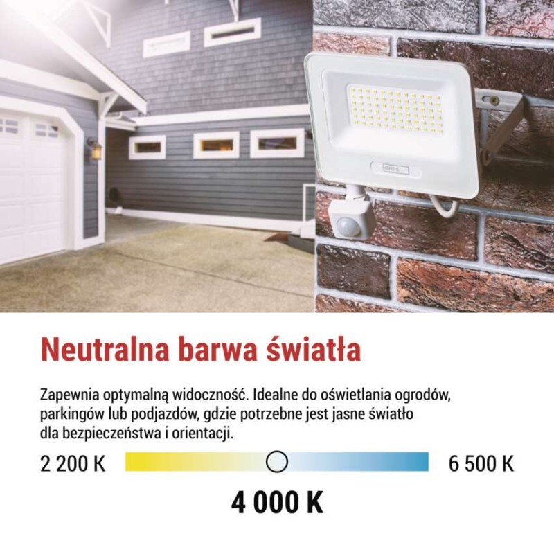 Naświetlacz LED GLARO PIR 50 W, biały, IP54, 5000 lm, neutralna biel
