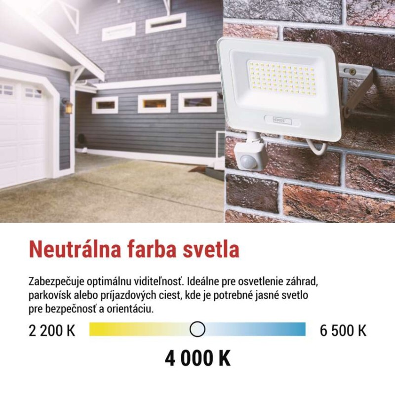 LED reflektor GLARO s pohybovým čidlom, 50 W, biely, IP54, 5000 lm, neutrálna biela