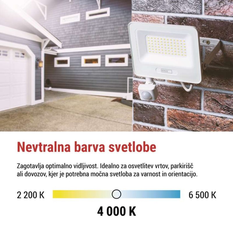 LED reflektor GLARO PIR 50 W, bel, IP54, 5000 lm, nevtralna bela